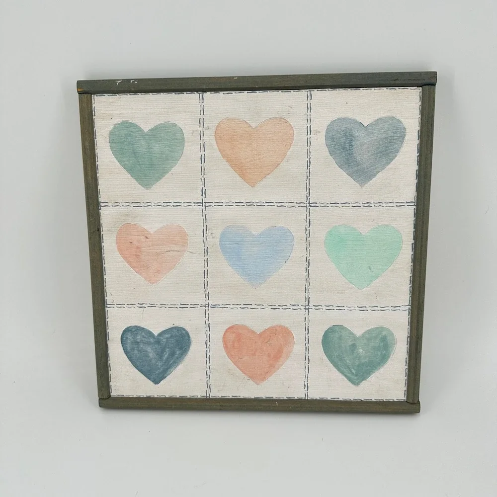 Rustic Wooden Square Wall Art Nine Pastel Hearts Grid Grey Frame 12x12
